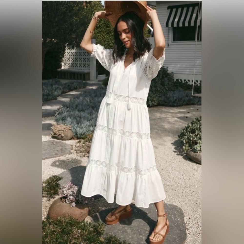 NWT En Saison Tiered Lace Detail Midi Dress White Size Medium 100% Cotton - Picture 1 of 10